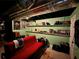 Basement featuring a red sofa, carpeted floors, shelves and painted walls at 602 Springharbor Dr, Woodstock, GA 30188