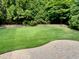Lush green backyard with a brick patio, mature trees, and manicured landscaping at 3699 School Street, Chamblee, GA 30341