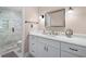This bathroom features a marble shower stall, white cabinets, and chrome fixtures at 4628 Mountain Creek Ne Dr, Roswell, GA 30075