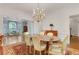 Formal dining room with a chandelier, hardwood floors, and a red patterned rug provides an elegant space for meals at 1020 Riverside Rd, Roswell, GA 30076