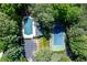 Aerial view of a backyard oasis with a pool, tennis court, and parking area at 1811 Fountain Hill Ct, Duluth, GA 30097