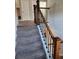 Carpeted staircase with dark wood railing and black iron balusters, leading to the upper level at 134 Sierra Cir, Woodstock, GA 30188