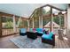 Cozy screened porch featuring vaulted ceilings, a gas heater, and outdoor furniture at 96 Grover Way, Dallas, GA 30157