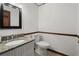 Cozy half-bath featuring a granite-topped vanity, toilet, and decorative mirror at 1328 Wyntercreek Rd, Atlanta, GA 30338