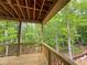 Back porch with wood flooring overlooking lush green trees in a serene, wooded area at 1025 Liberty Springs Dr, Woodstock, GA 30188