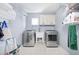 Efficient laundry room with modern machines, white cabinetry and storage, offering functionality and style at 1488 Rivermist Sw Dr, Lilburn, GA 30047