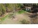 Backyard featuring a storage shed and firepit with wooded border at 158 Grove Meadow Dr, Acworth, GA 30101