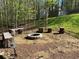 Scenic backyard firepit area with custom seating and wood shed surrounded by a lush wooded landscape at 158 Grove Meadow Dr, Acworth, GA 30101