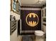 Quirky bathroom with unique shower curtain, vanity, and toilet at 6193 Charring Cross Ct, Lithonia, GA 30058