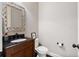 Stylish half bathroom boasts a modern vanity with granite countertop and decorative mirror at 265 Trecastle Sq, Canton, GA 30114