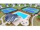 Aerial view of community pool, tennis courts and clubhouse surrounded by well maintained landscaping at 5650 Bergeson Ways, Cumming, GA 30028