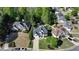 An aerial view shows mature trees and landscaping amongst the homes in this quiet suburban neighborhood at 5420 Avonshire Ln, Cumming, GA 30040