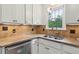 Close up of stainless steel kitchen sink under window with a view and updated countertops at 2864 White Oak Dr, Decatur, GA 30032