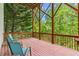 Enjoy nature views and comfortable seating on this covered back porch with blue chairs at 1169 Dawn View Nw Ln, Atlanta, GA 30327