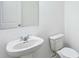 Powder room features white vanity with modern sink, toilet, and mirror at 5377 Heron Bay Blvd, Locust Grove, GA 30248