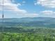 Aerial shot shows mountain views surrounded by a mature forest with an industrial tower in the frame at 413 Horizon Trl, Canton, GA 30114