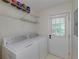 Well-equipped laundry room features side-by-side washer and dryer, storage shelves, and exterior access door at 472 Linda Ln, Powder Springs, GA 30127