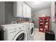 Bright laundry room featuring washer, dryer, storage cabinets, and red cabinet at 357 Ridgewood Trl, Canton, GA 30115