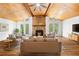 Inviting living room with vaulted wood ceiling, stone fireplace, and abundant natural light at 2784 Sixes Rd, Canton, GA 30114