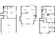 Three floor plans illustrating layouts, including kitchens, bedrooms, living areas, and garage, of different levels at 2990 Williams Farm Dr, Dacula, GA 30019