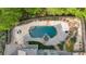 Aerial shot of the backyard featuring a large in-ground pool, hot tub, and professionally landscaped garden at 120 Generals Pl, Canton, GA 30114