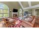 Cozy living room showcasing a brick fireplace, large windows, and comfortable seating at 2111 Democracy Dr, Buford, GA 30519