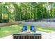 Backyard with well-manicured lawn, patio seating, tall trees, and a swimming pool at 436 Westlake Nw Dr, Marietta, GA 30064