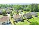 Aerial view showcases a backyard, mature trees, and the architectural design of the surrounding houses at 532 Pelham Pl, Mcdonough, GA 30253