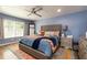 Main bedroom with an upholstered bed, hardwood floors, large window, and bright blue walls at 3290 Custer Lake Nw Dr, Marietta, GA 30064