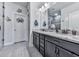 Bathroom featuring double vanity, granite countertops, tile floor, modern fixtures, and walk-in shower at 132 Neese Farm Dr, Woodstock, GA 30188