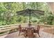 Outdoor patio with an umbrella, furniture set and surrounded by wooded scenery at 1099 Mount Water Ln, Lawrenceville, GA 30043