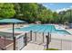 Community swimming pool area with lounge chairs and umbrella for shade surrounded by mature trees at 579 Delphinium Nw Blvd, Acworth, GA 30102