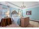Bright bedroom featuring light blue walls, chandelier, and ornate headboard at 1153 Brookhaven Commons Ne Dr, Brookhaven, GA 30319