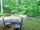 Lush backyard featuring mature trees, patio set, and a charming outdoor fire pit perfect for entertaining at 4579 Amberly S Ct, Atlanta, GA 30360