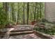 Stone patio area with steps leading to a wooded backyard with playground at 1819 Walker Ridge Sw Dr, Marietta, GA 30064