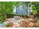 Serene backyard patio featuring outdoor seating, mature trees, and lush landscaping, perfect for relaxation and entertaining at 132 Olympic Pl, Decatur, GA 30030