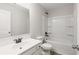 Neutral bathroom featuring a tub/shower combo, white vanity, modern fixtures, and a large frameless mirror at 3625 New River Ct, Cumming, GA 30040