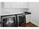 Clean laundry room with modern washer and dryer units, white cabinets and a black sink at 331 Peachtree Ne Ave, Atlanta, GA 30305