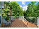Wooden deck featuring gray chairs, surrounded by lush trees and a clear blue sky at 31 Clearview Dr, Cartersville, GA 30121