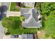 Aerial shot of a home featuring manicured landscaping, a large roof, and a private backyard at 545 Creek Landing Ln, Alpharetta, GA 30005