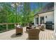 Back deck with wicker furniture and a grill surrounded by lush trees at 560 Indigo Dr, Roswell, GA 30075