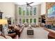 Spacious living room featuring high ceilings, a stone fireplace, and a wall of large windows at 560 Indigo Dr, Roswell, GA 30075