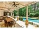 Beautiful outdoor patio with ceiling fans, a dining area, seating, and a view of the swimming pool at 1114 Waterford Green Pt, Marietta, GA 30068