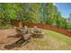 Backyard with a fire pit and chairs, set against a backdrop of trees and wooden fence at 6330 Beaver Crossing Dr, Cumming, GA 30040