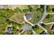 Aerial view of a well-maintained property with a large lawn, shed, circular driveway, and lush surroundings at 4030 Scenic View Ct, Cumming, GA 30028