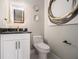 A modern half-bathroom with granite counters, a unique mirror, and contemporary art at 608 S Evelyn Nw Pl, Atlanta, GA 30318