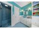 Bright blue bathroom featuring a shower with blue tiles and modern sink and vanity at 3 Demorest Ne Ave, Atlanta, GA 30305