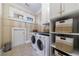 Well-organized laundry room with modern washer and dryer, storage cabinets, and stylish baskets at 3 Demorest Ne Ave, Atlanta, GA 30305