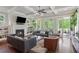 Bright living area features a fireplace, a mounted television, and sliding doors to the deck at 519 2Nd Ave, Decatur, GA 30030