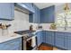 Charming kitchen with blue cabinets, stainless steel appliances, and white tile backsplash at 4257 Edgewater Nw Dr, Kennesaw, GA 30144